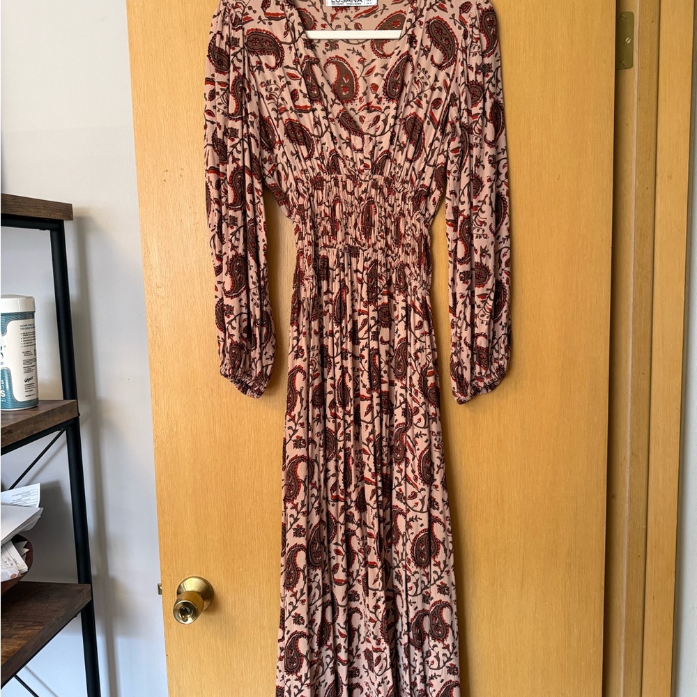 Paisley Shirred Waist Maxi Dress in Dusty Pink